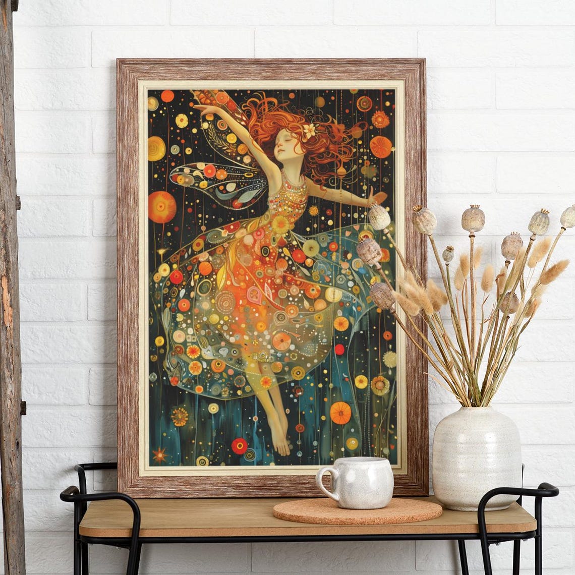 Dancing Red-Haired Fairy in a Swirling Patterned Dress Poster