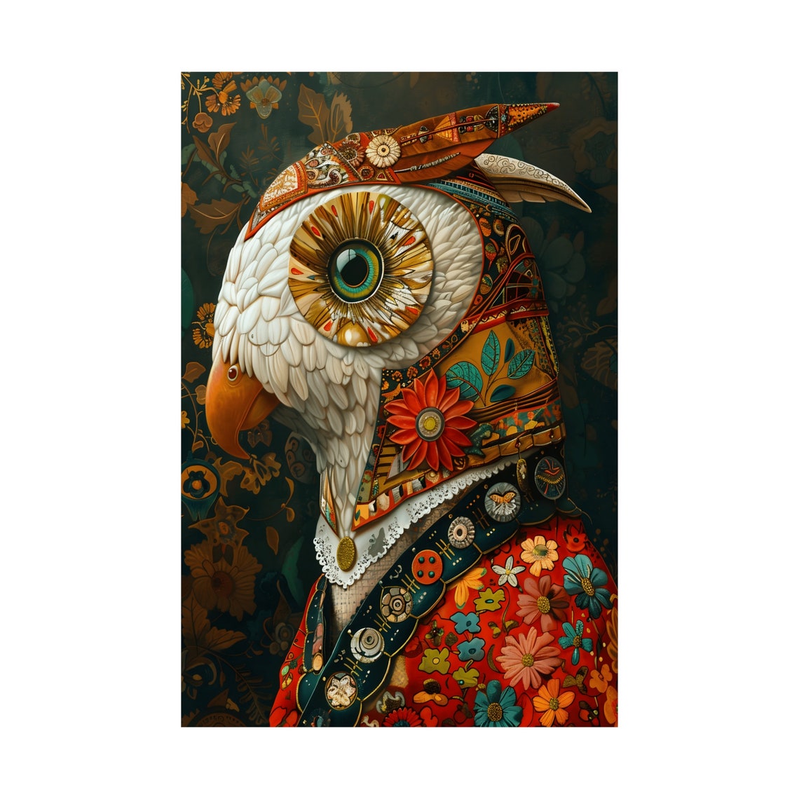 Ornate White Owl Portrait Wearing a Floral Patterned Coat Poster - Image 4