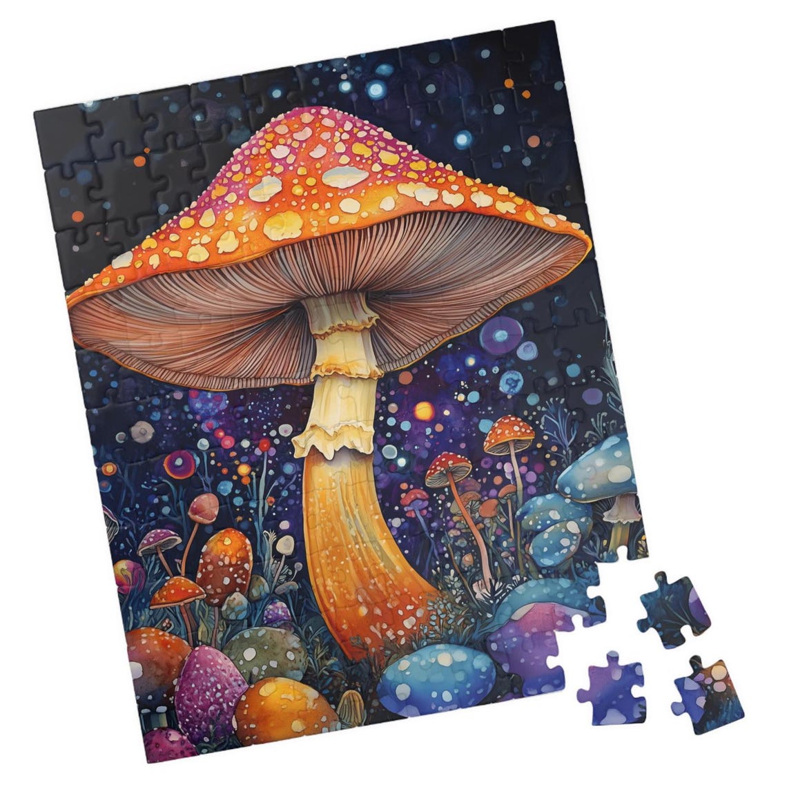 Glowing Red Capped Mushroom in a Magical Night Forest Poster