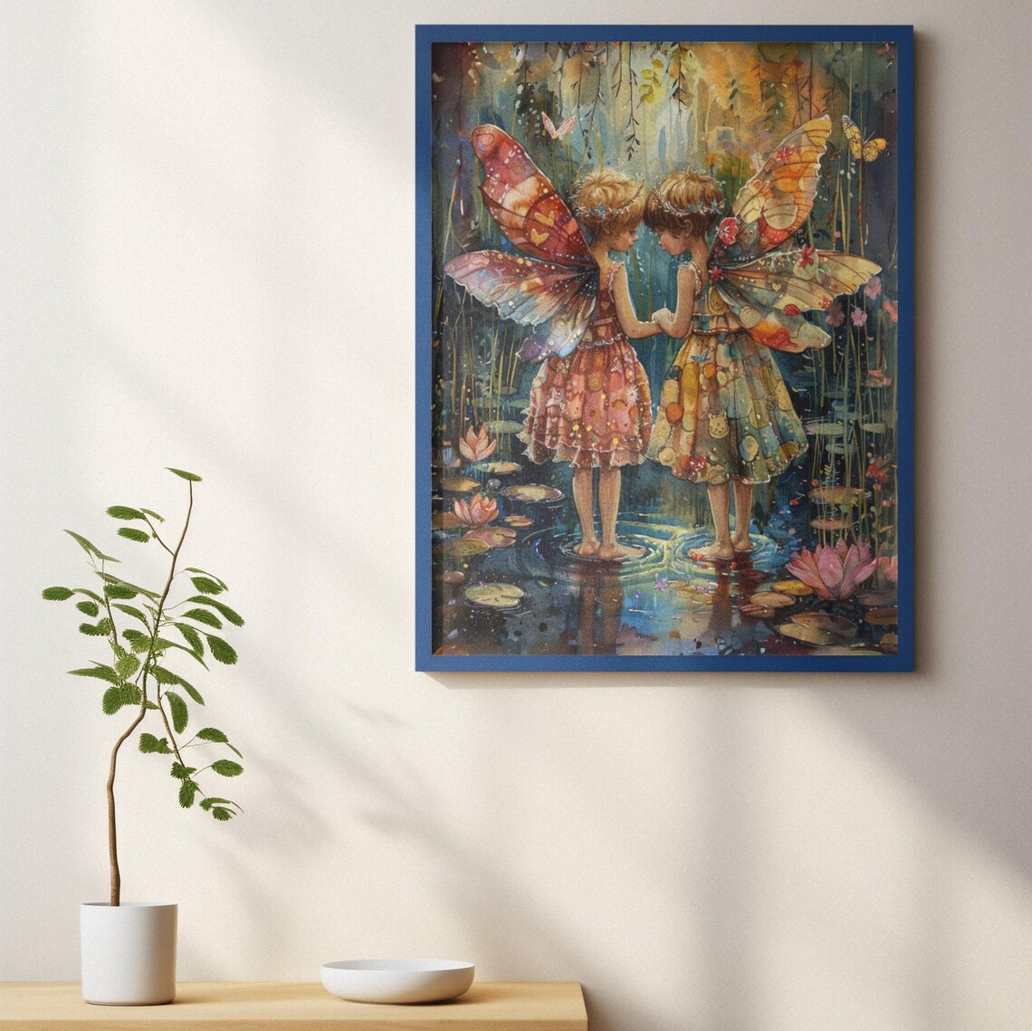 Two Fairies Forehead to Forehead Mosaic Wings Pond Art Poster - Image 2
