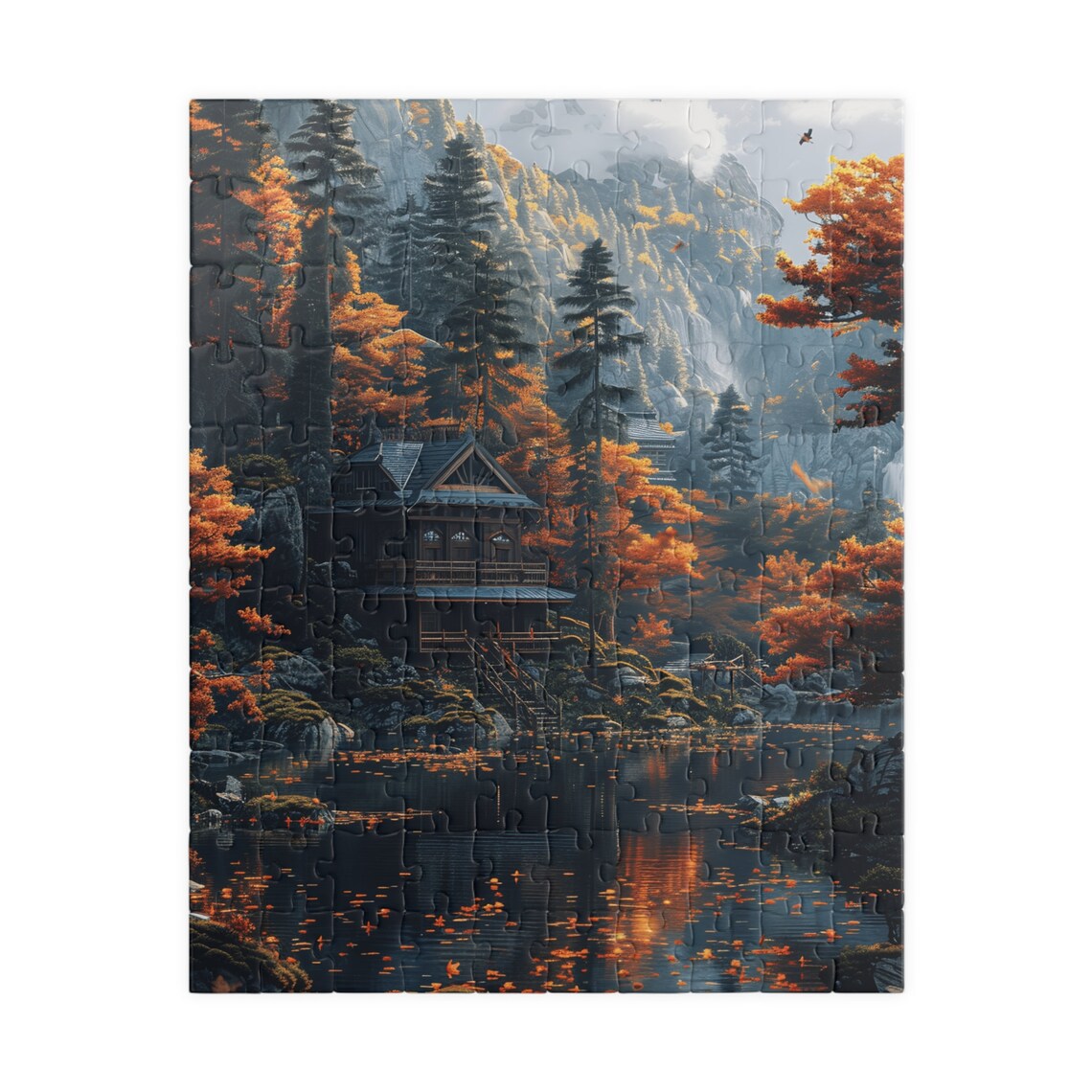 Autumn Mountain Retreat House By Lake Misty Valley Art Poster - Image 2