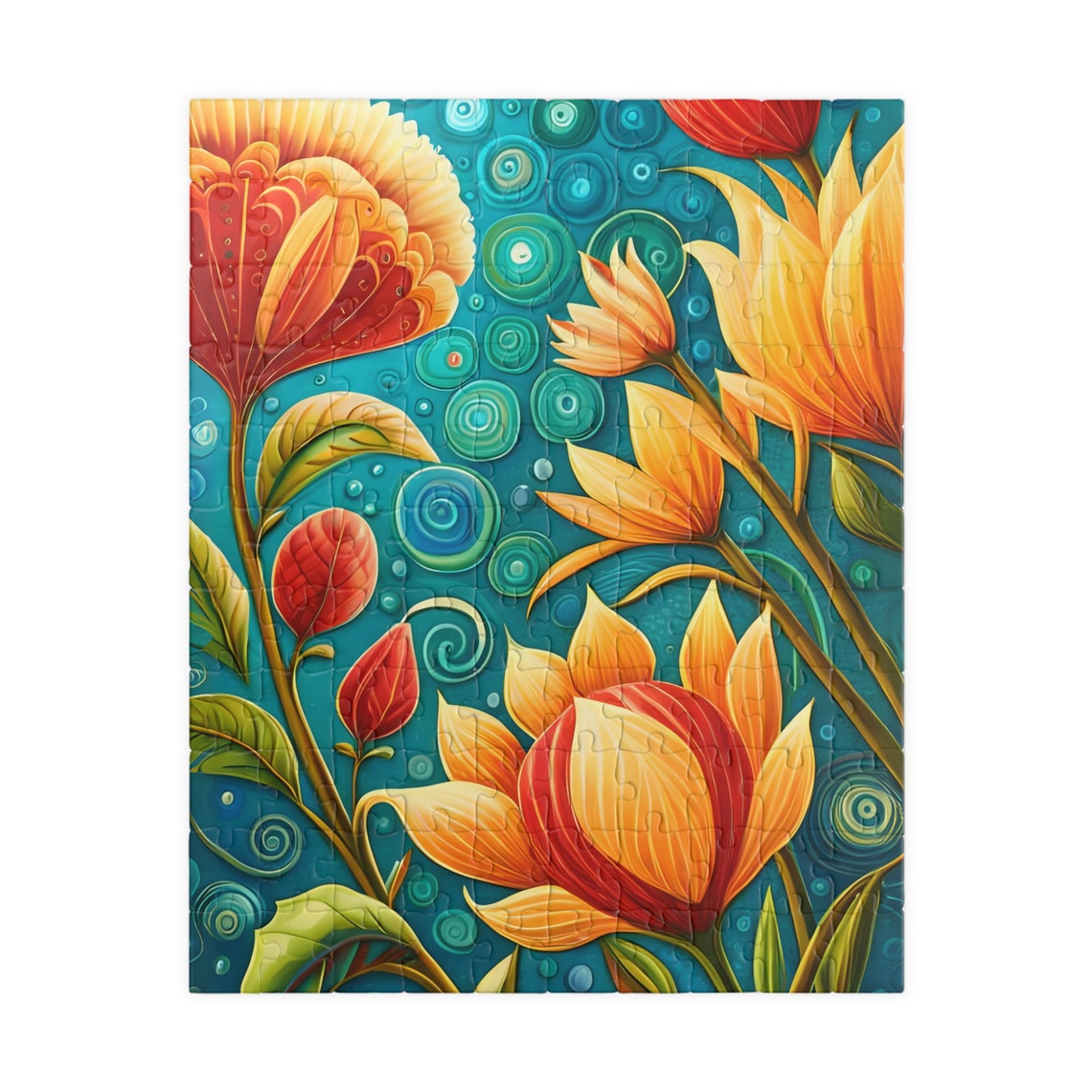 Stylized Orange Fantasy Flowers On Teal Boho Botanical Folk Art Poster - Image 2