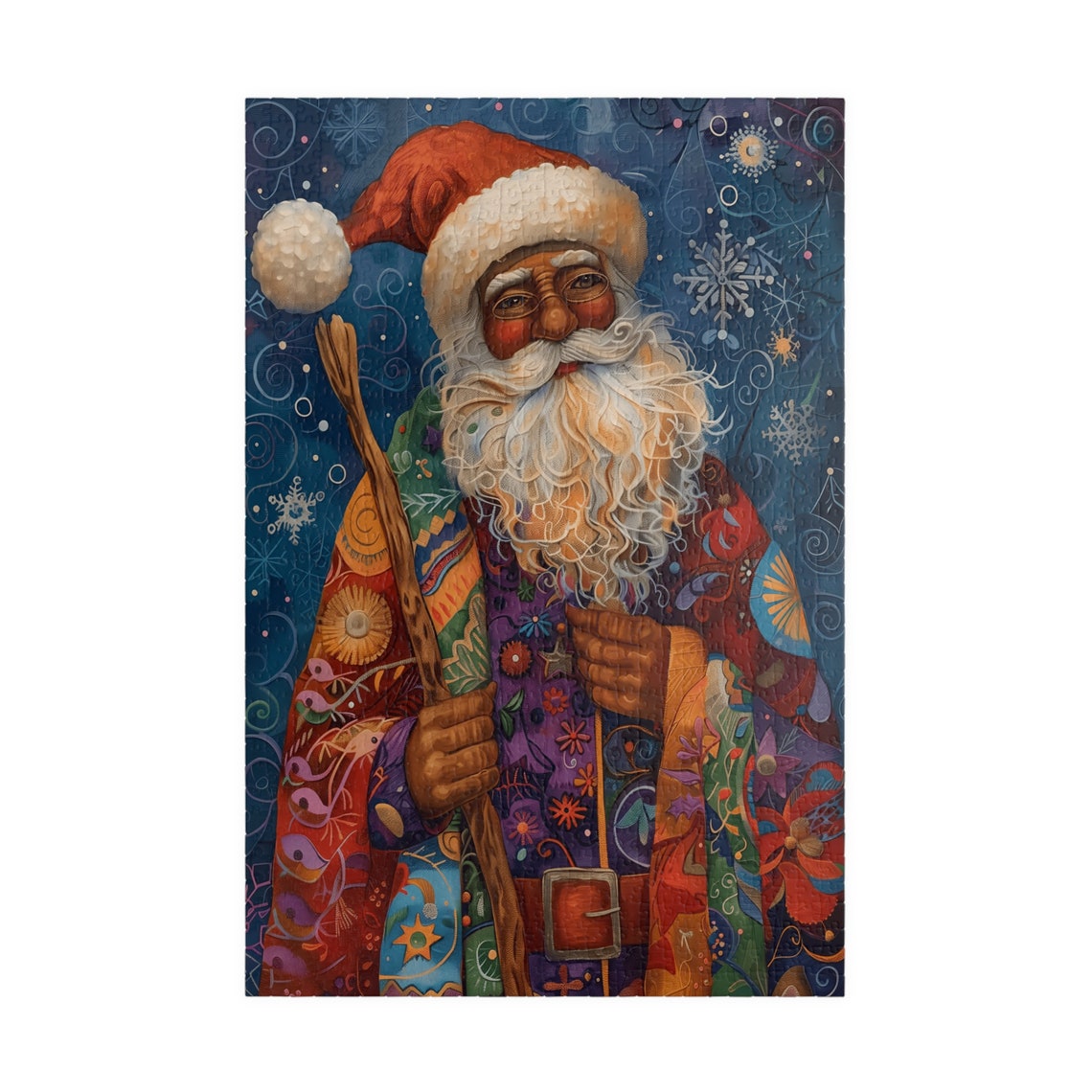 Kwanzaa Santa in a Colorful Patchwork Coat with Wooden Staff Poster - Image 3