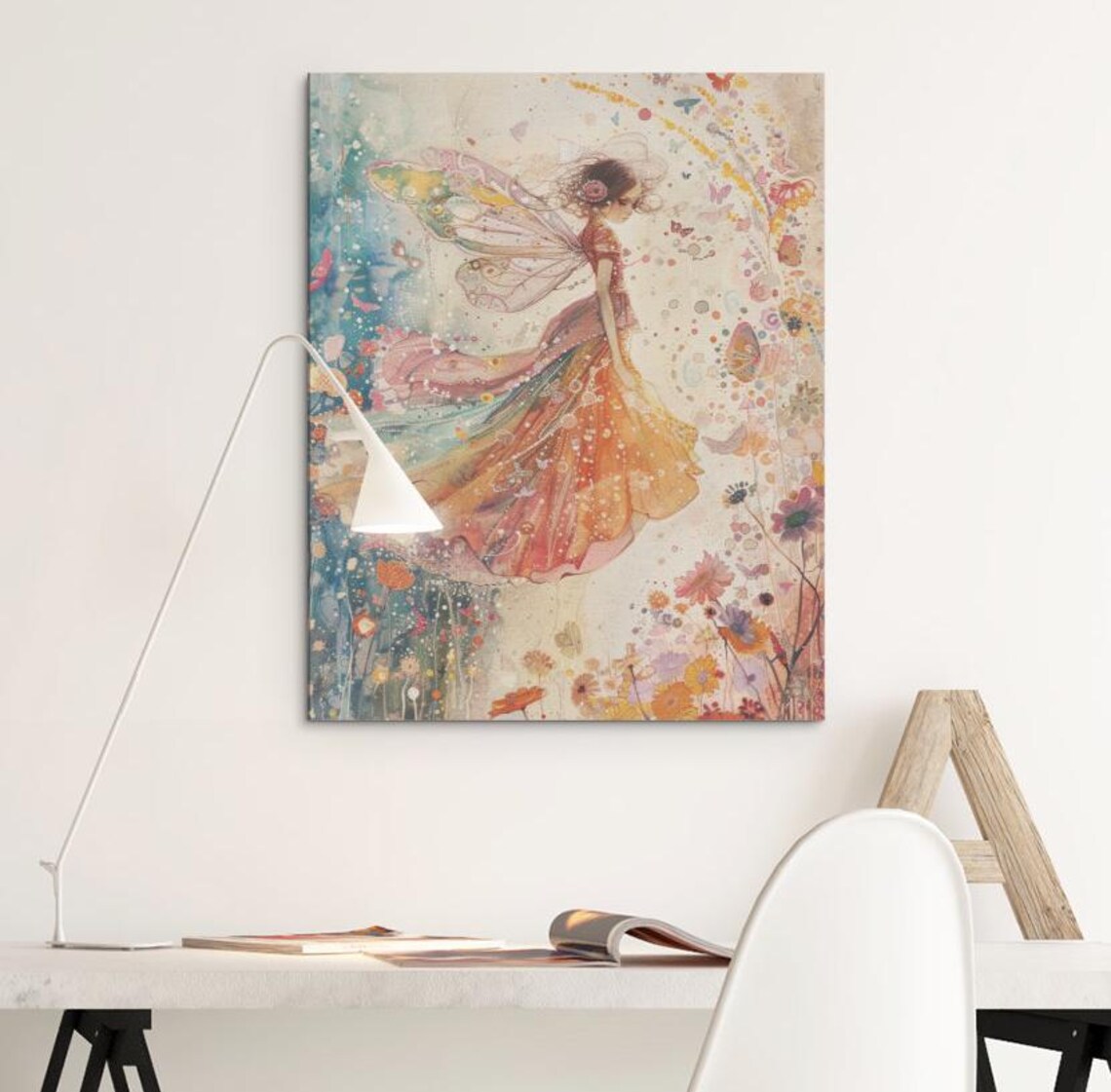 Spring Fairy with Iridescent Wings Among Wildflowers Watercolor Poster