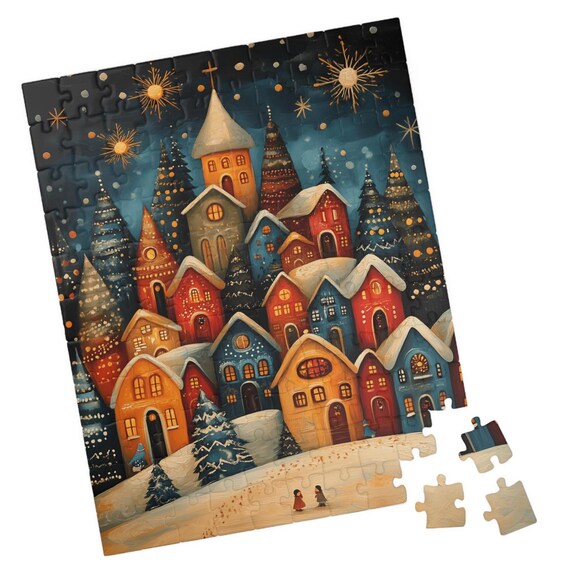 Starry Night Folk Art Village With Church and Glowing Windows Poster