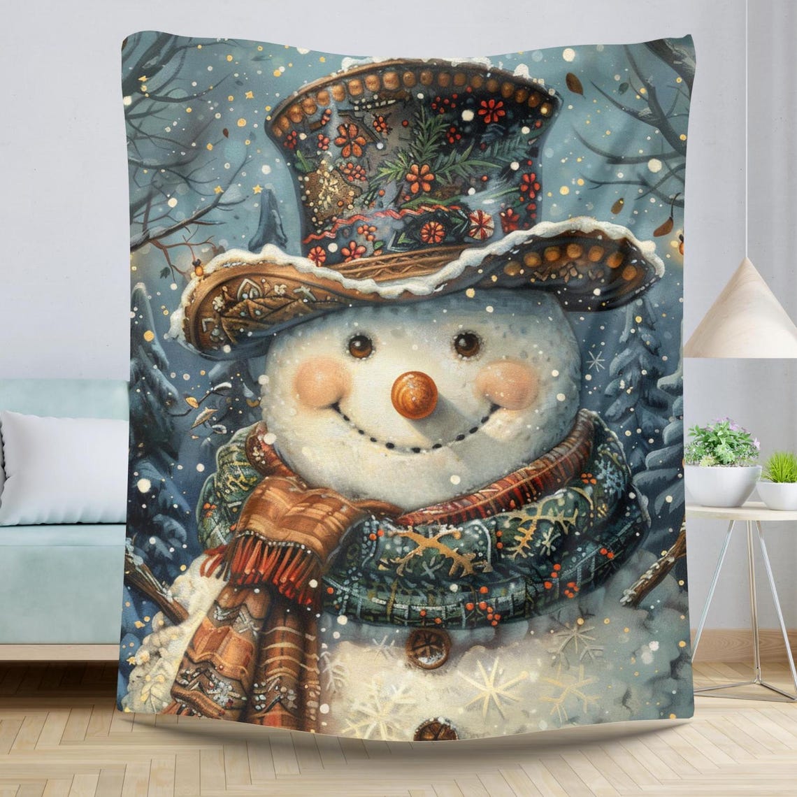Jolly Snowman Floral Top Hat Winter Holiday Smiling Cheerful Poster