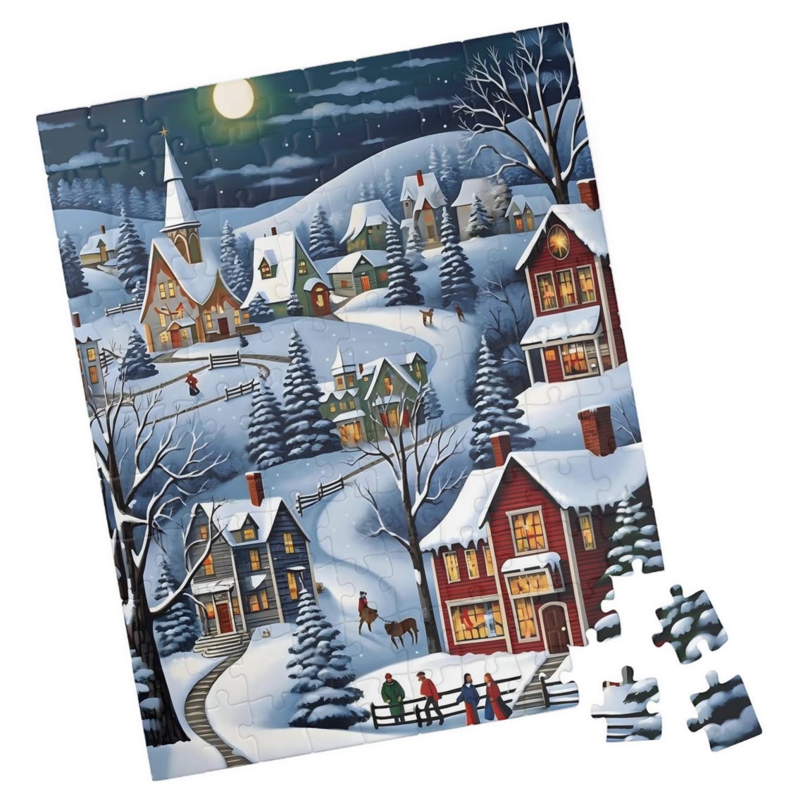 Moonlit Snowy Winter Village With Glowing Windows Art Poster
