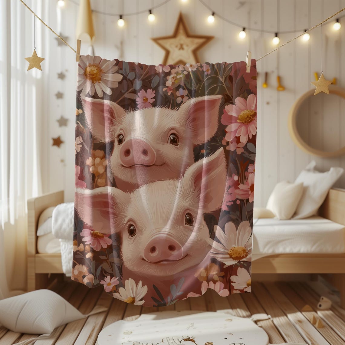 Two Cute Pink Piglets Peeking Through a Field of Flowers Poster - Image 2