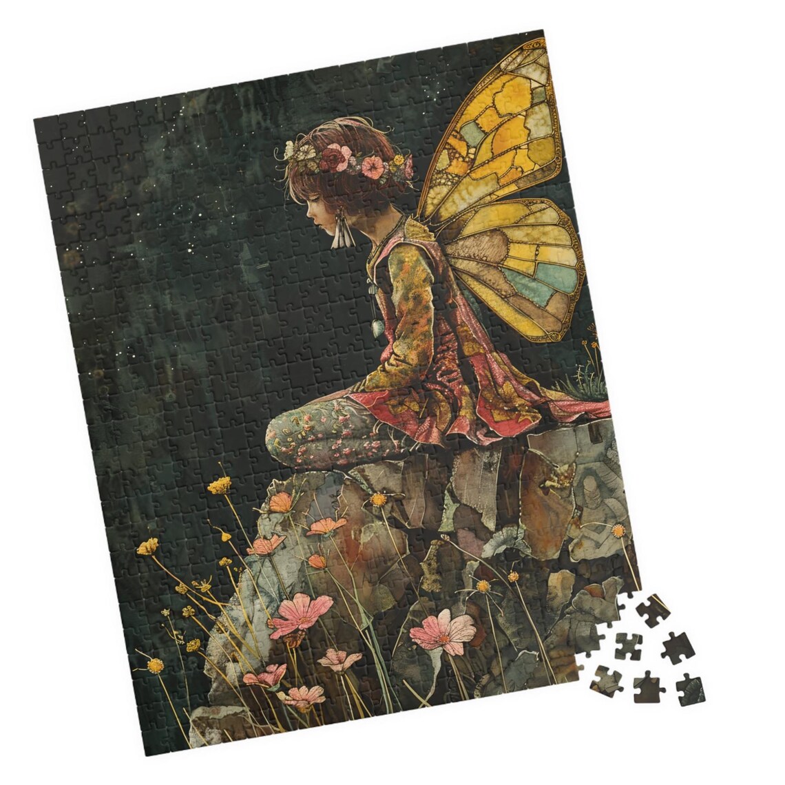 Night Butterfly Fairy Rocks Wildflowers Moody Fantasy Art Poster