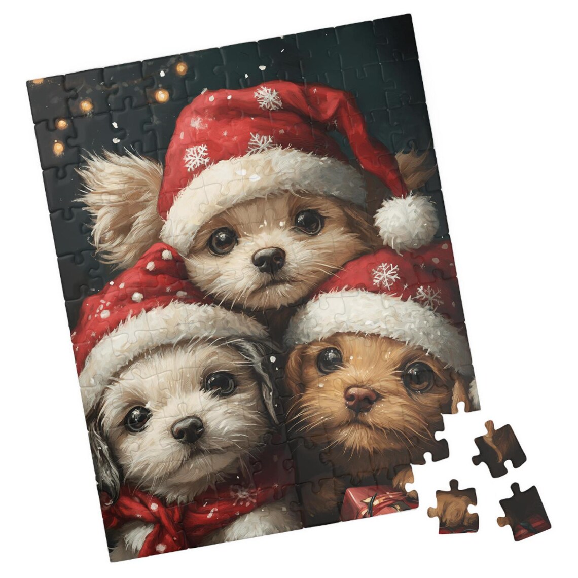 Three Puppies in Santa Hats With Snowflakes Christmas Dog Art Poster