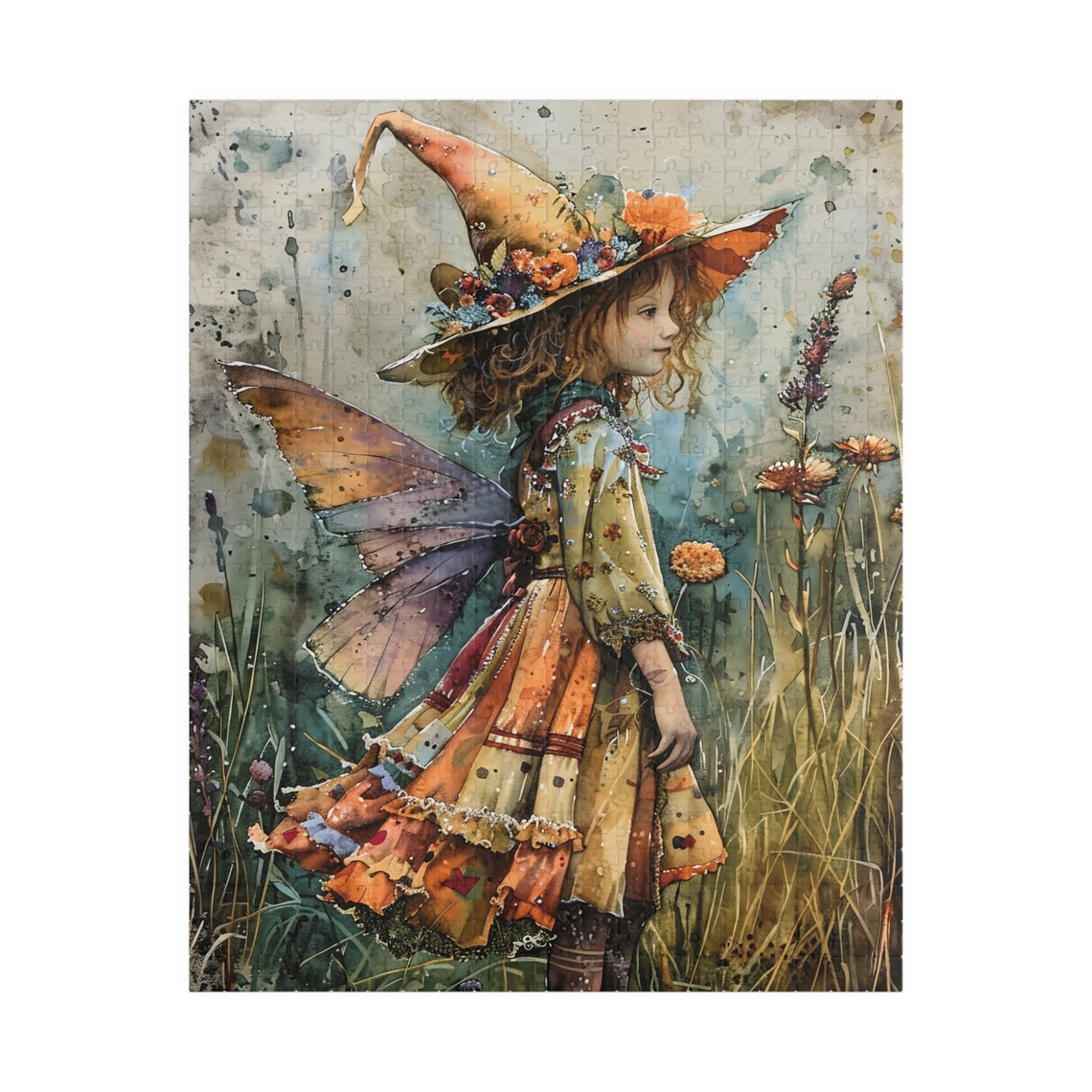 Field Fairy Girl in Flower Witch Hat Standing in Tall Grass Poster - Image 5