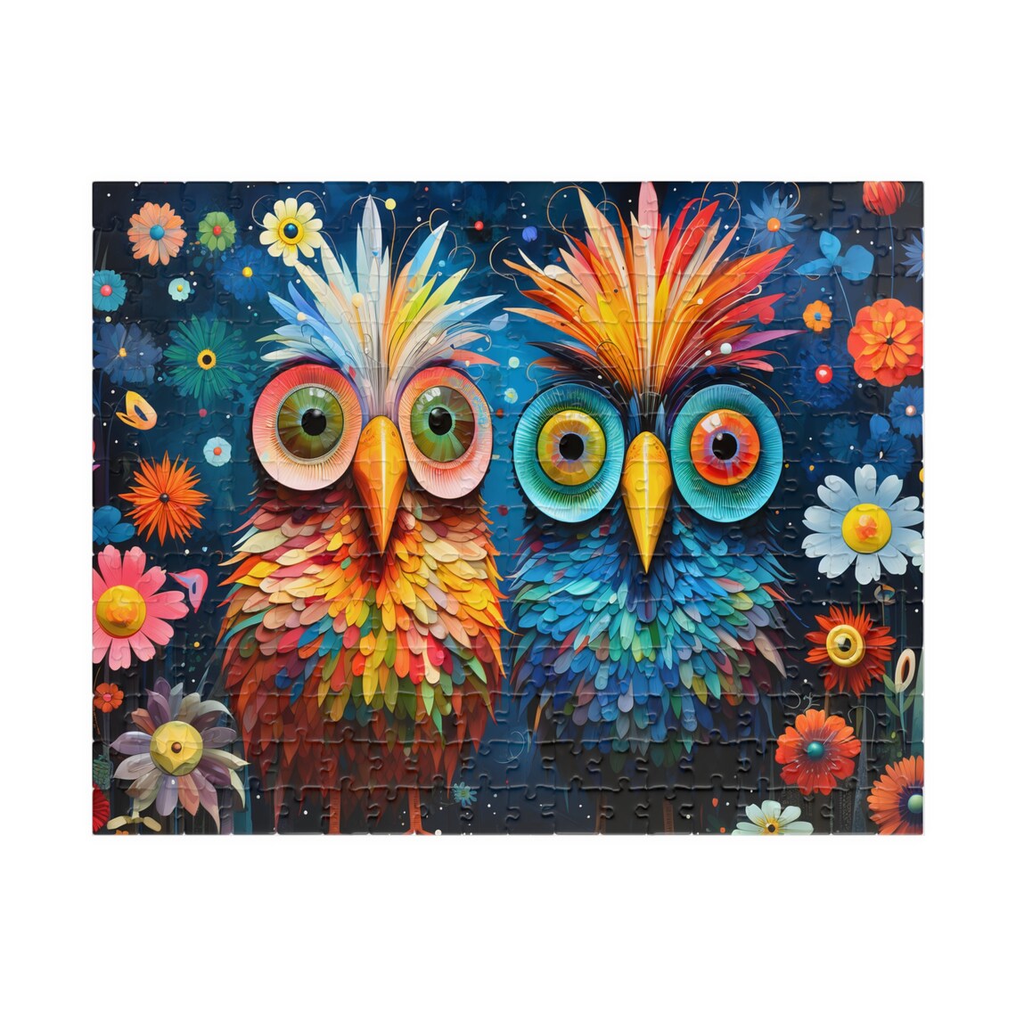 Two Whimsical Colorful Owls in a Night Flower Garden Scene Poster - Image 3