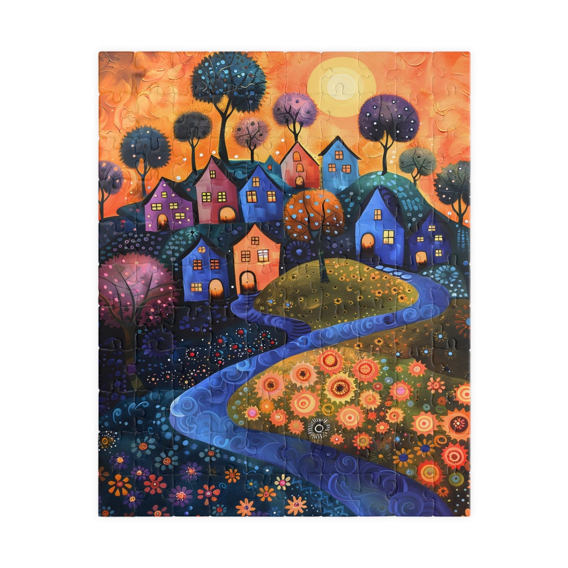 Whimsical Folk Art Village at Sunset with River and Flowers Poster - Image 2