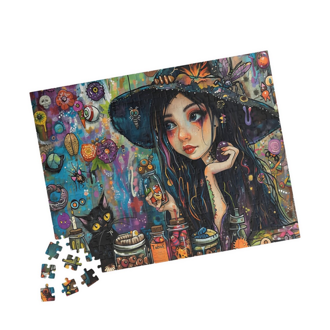 Young Witch Girl With Potion Bottles And Black Cat Halloween Art Poster - Image 4