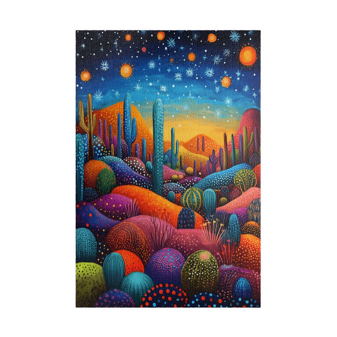 Magical Desert Cactus Folk Art Colorful Night Dotted Landscape Poster - Image 3