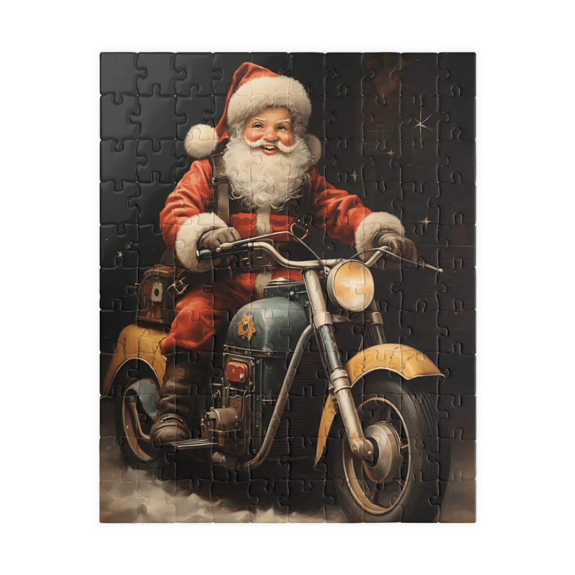 Cheerful Santa Claus Riding a Vintage Motorcycle at Night Art Print - Image 2