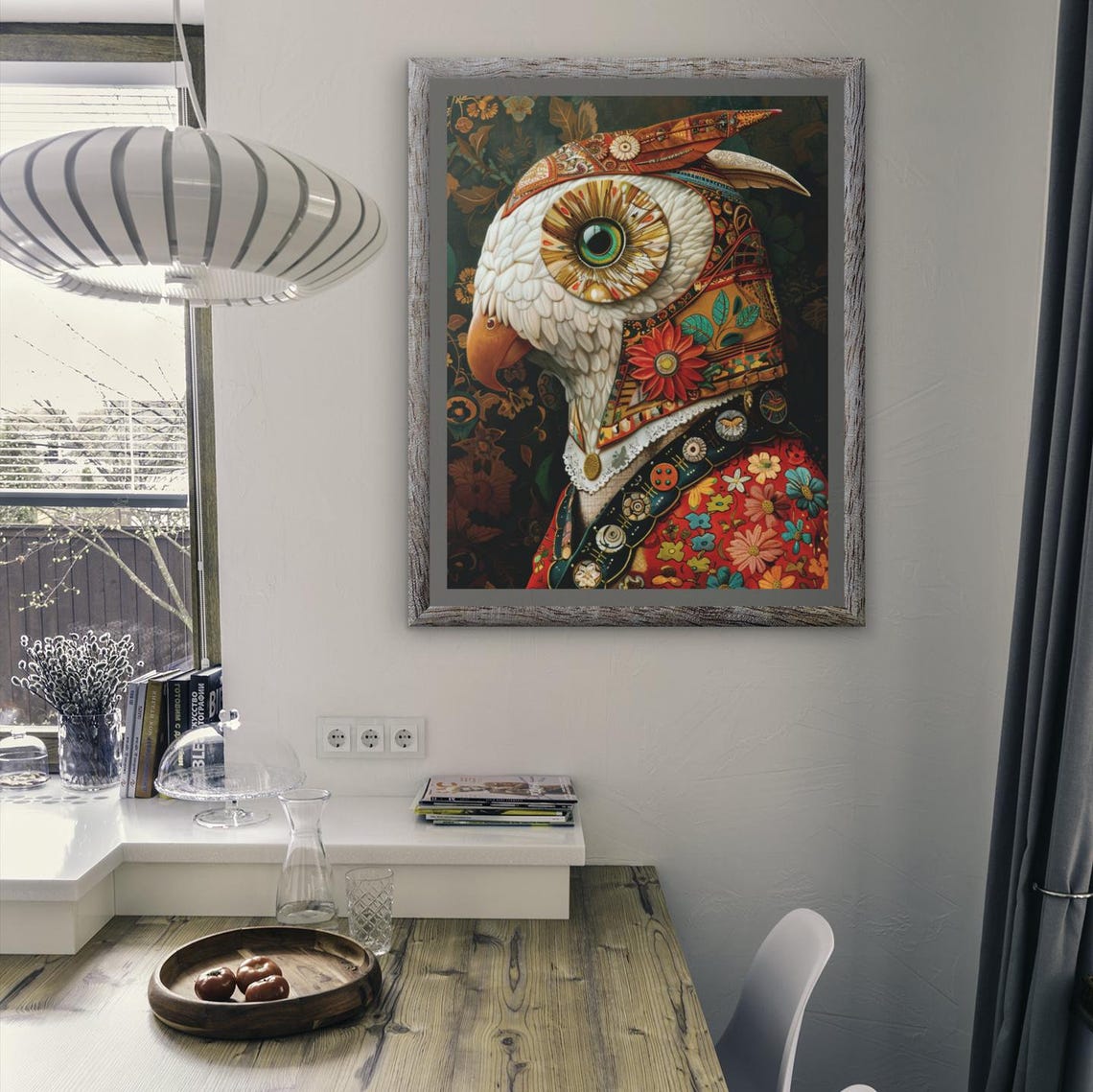 Ornate White Owl Portrait Wearing a Floral Patterned Coat Poster - Image 2
