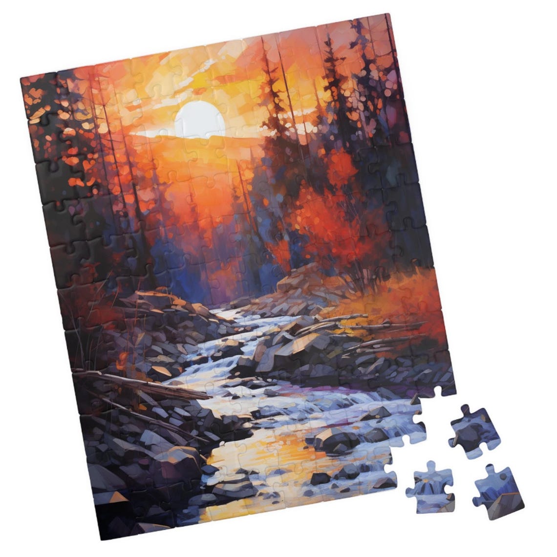 Sunset Over Forest Stream Rocky River Orange Sky Nature Poster