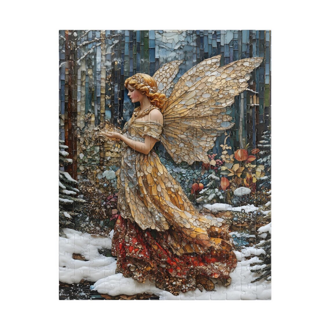 Stained Glass Winter Angel with Golden Mosaic Wings Snow Poster - Image 5