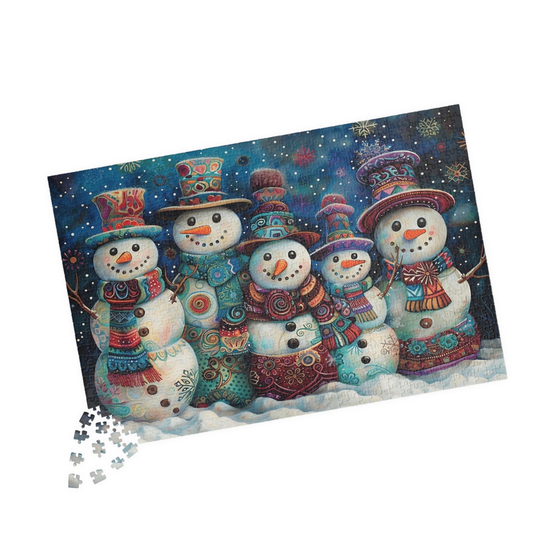 Five Whimsical Snowmen Friends in Tall Colorful Hats Night Poster - Image 4