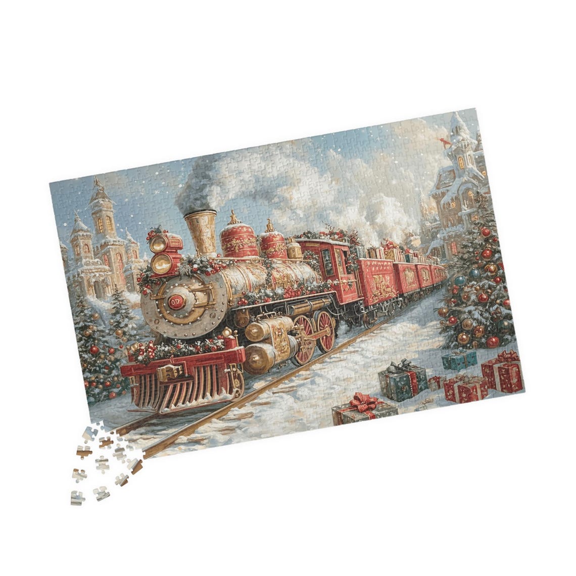 Red and Gold Christmas Train in a Snowy Village Scene Art Print - Image 4