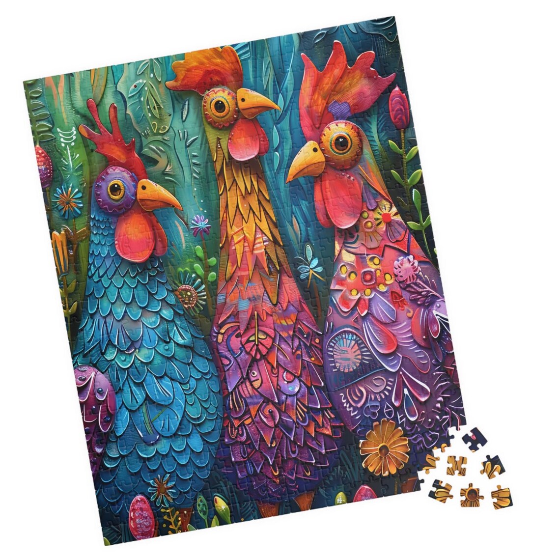 Three Silly Colorful Roosters Folk Art Garden Scene Wall Poster