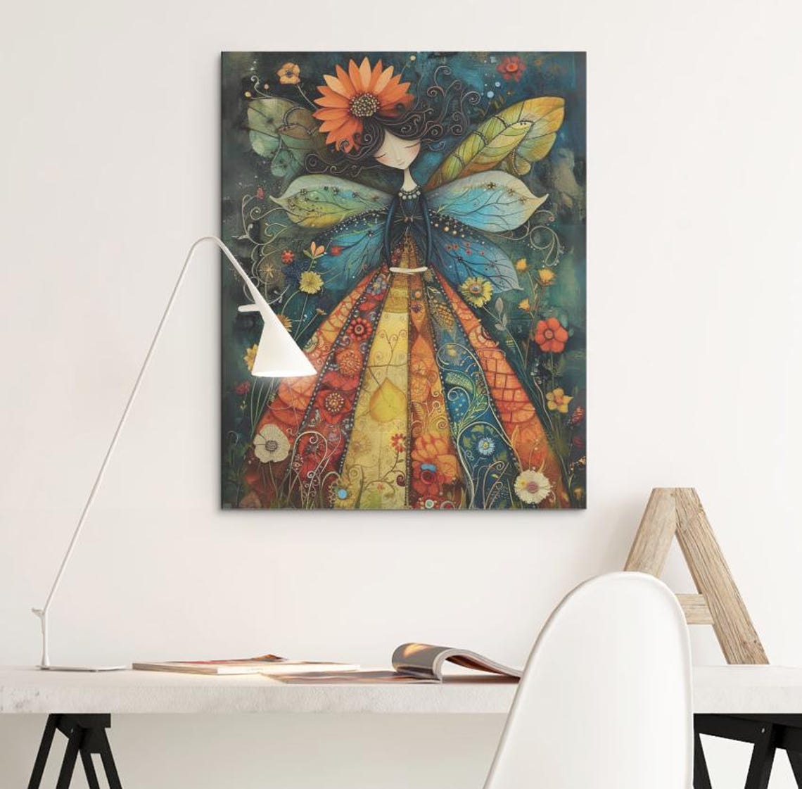 Patchwork Faerie with Leaf Wings in a Blooming Night Garden Art Print