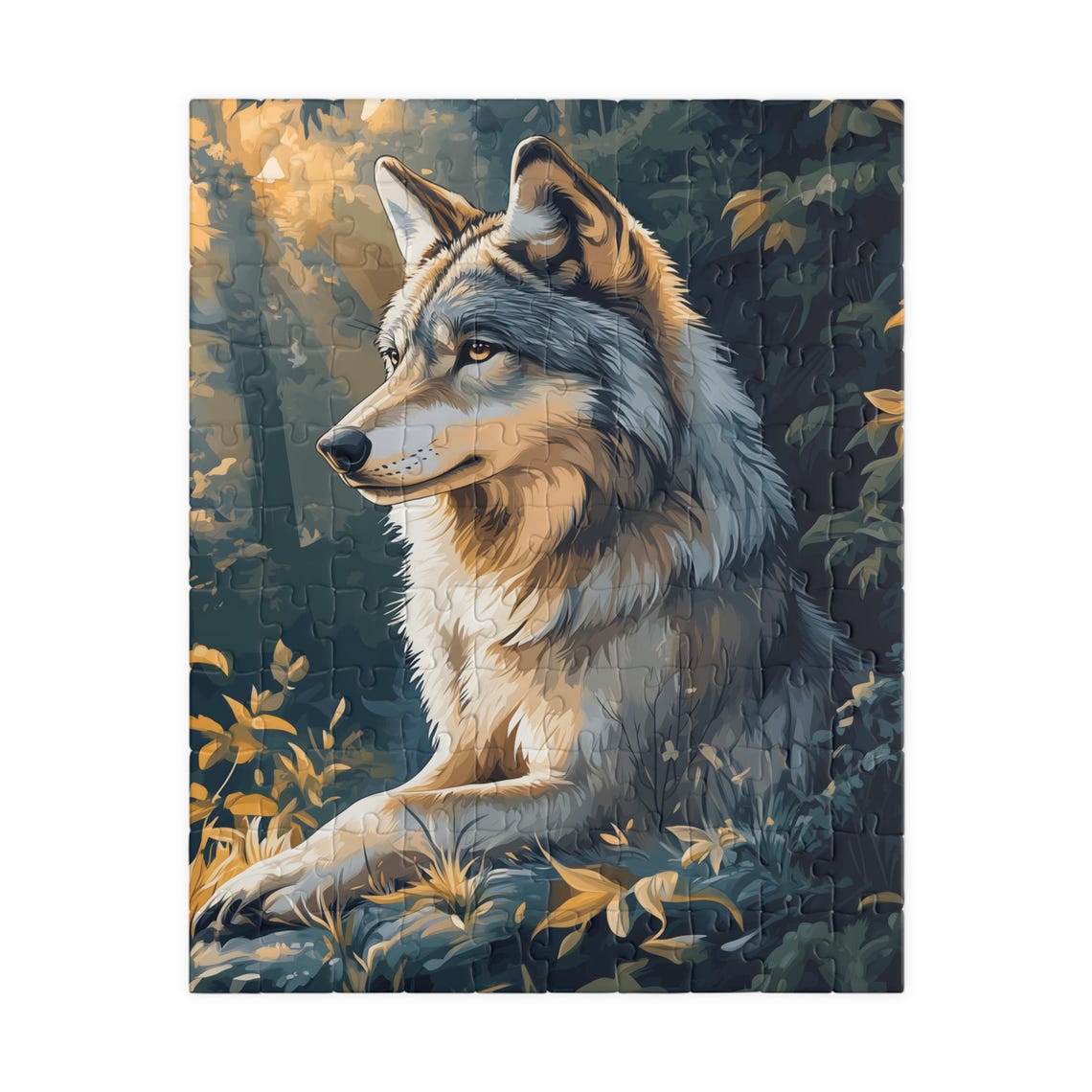 Majestic Gray Wolf Resting Alone in a Golden Autumn Forest Poster - Image 6