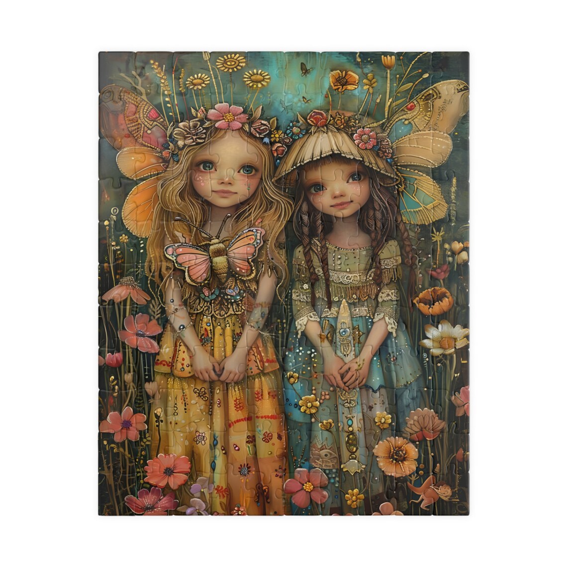 Country Fairy Girls in Wildflower Meadow Butterfly Folk Art Poster - Image 2