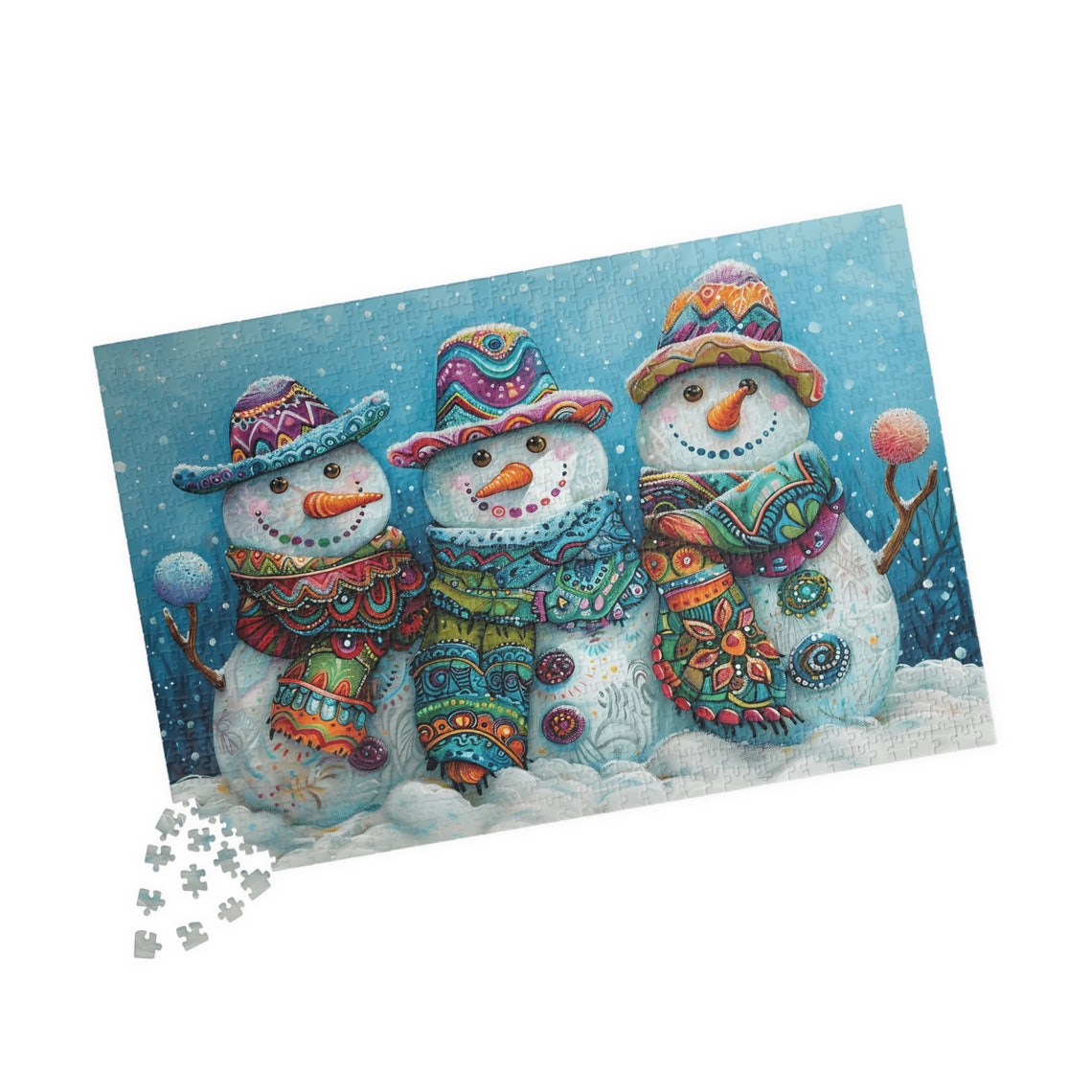 Three Colorful Snowmen Wearing Patterned Party Hats in the Snow Poster - Image 2