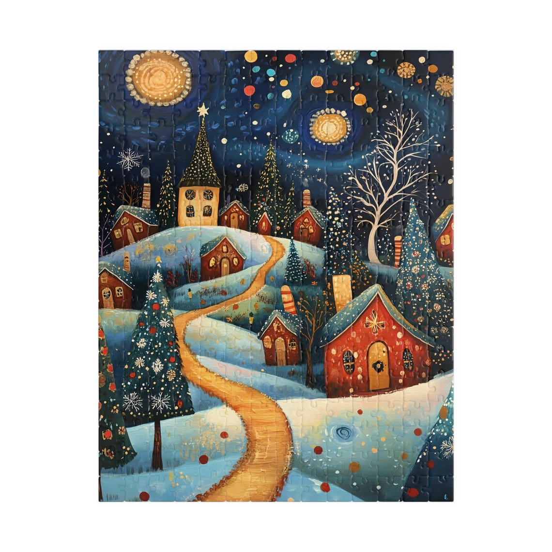 Whimsical Snowy Village at Night with Moon and Glowing Cottages Poster - Image 5