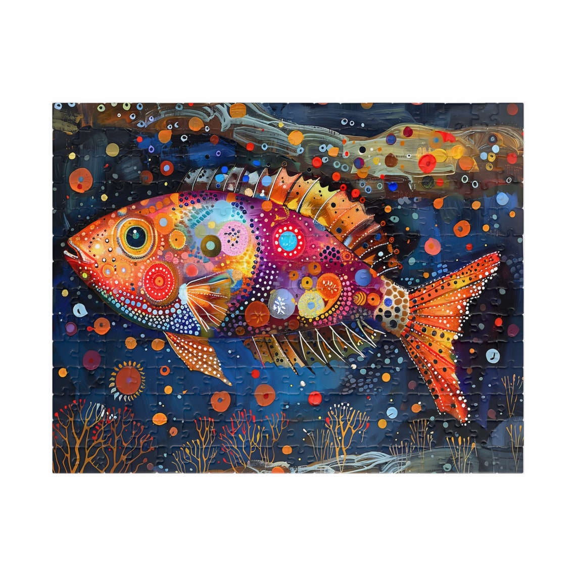 Whimsical Colorful Fish Dotted Folk Art Underwater Ocean Scene Poster - Image 2