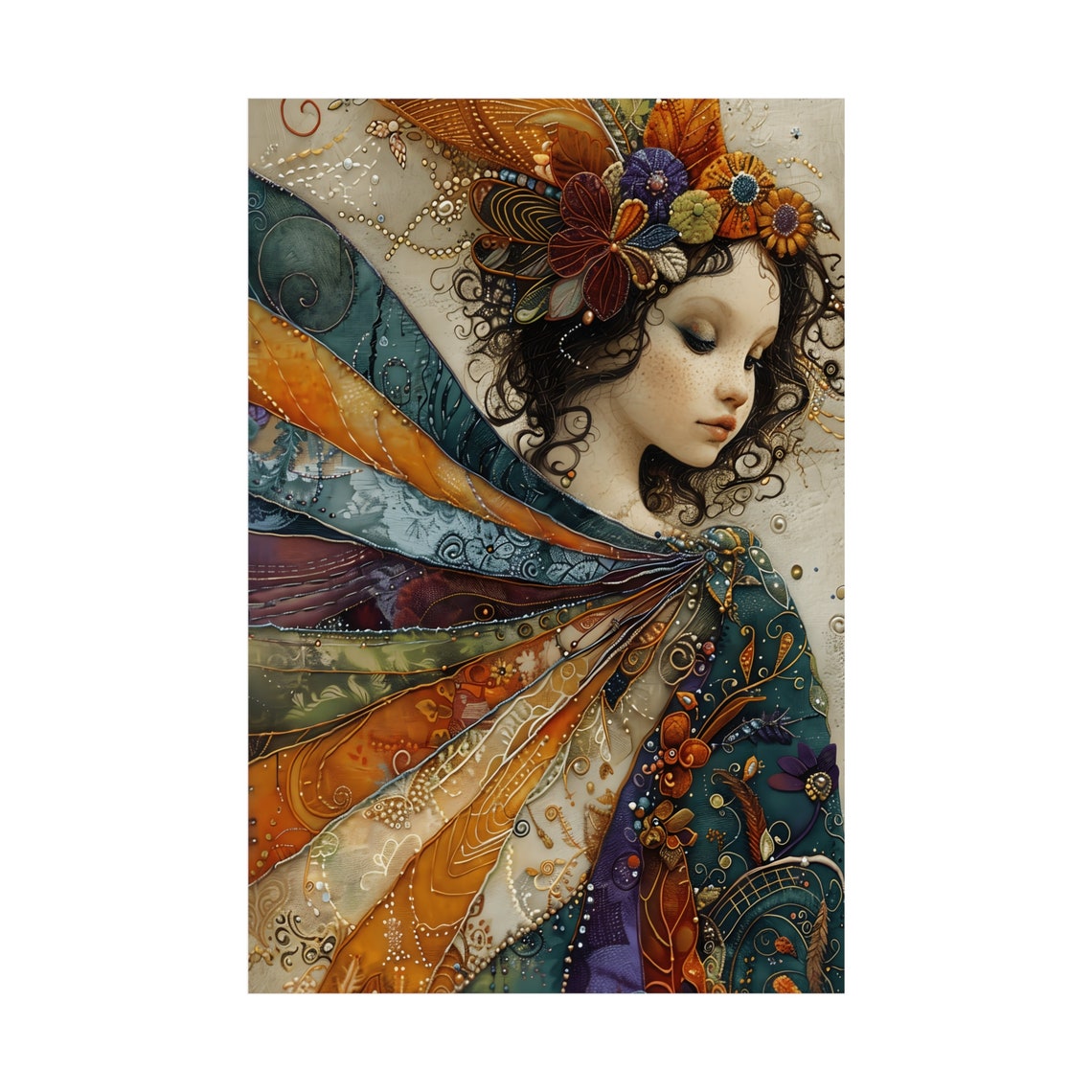 Patchwork Butterfly Wing Girl Whimsical Fairy Portrait Poster - Image 3