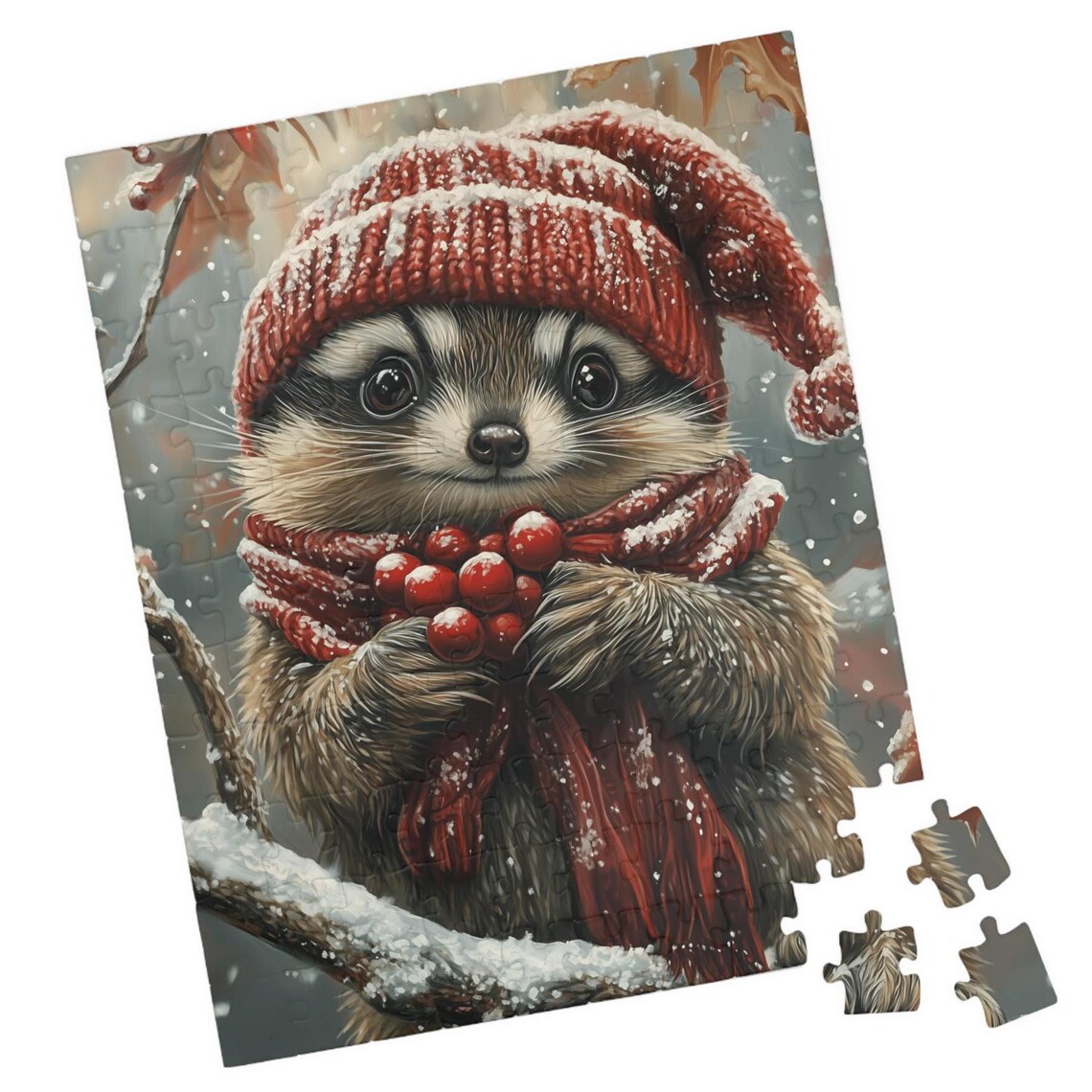 Baby Raccoon in a Red Knit Hat Holding Berries in the Snow Print