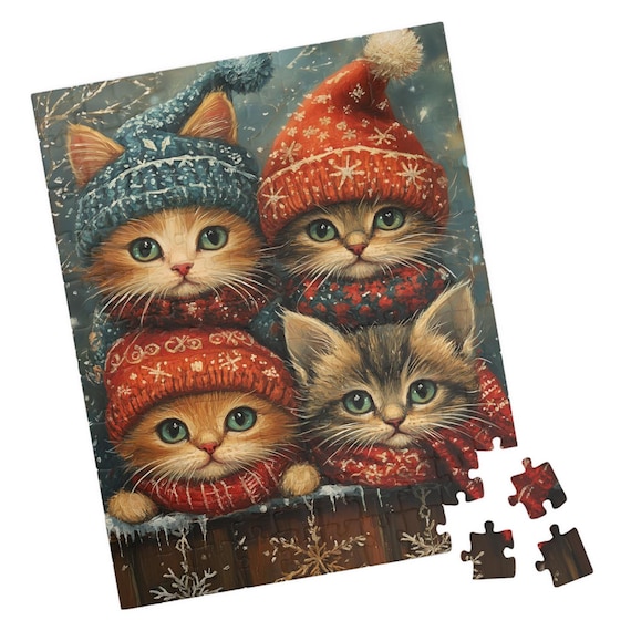 Four Cute Kittens in Knit Hats and Scarves on Snowy Fence Cat Poster
