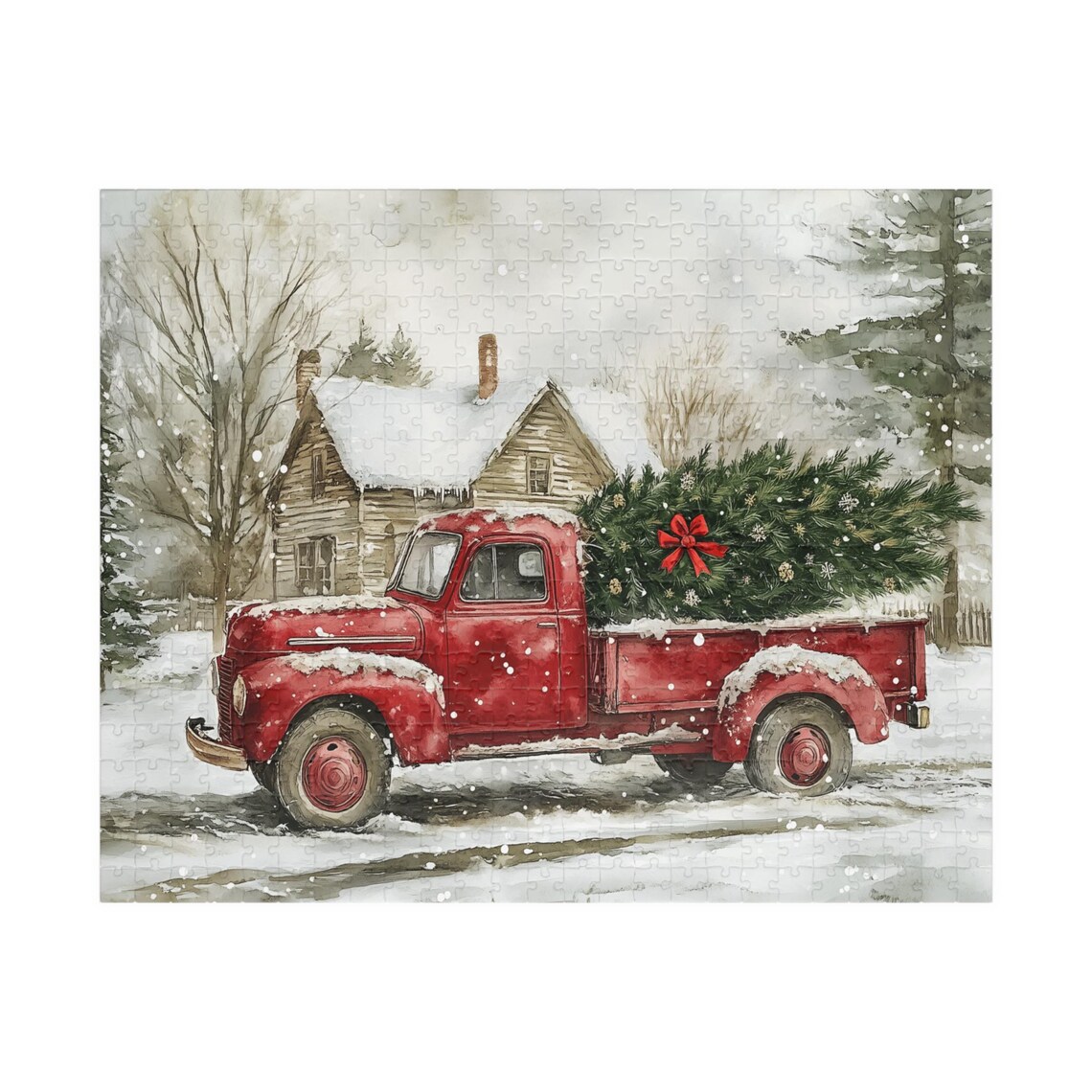 Vintage Red Truck with Christmas Tree Snowy Country House Poster - Image 2