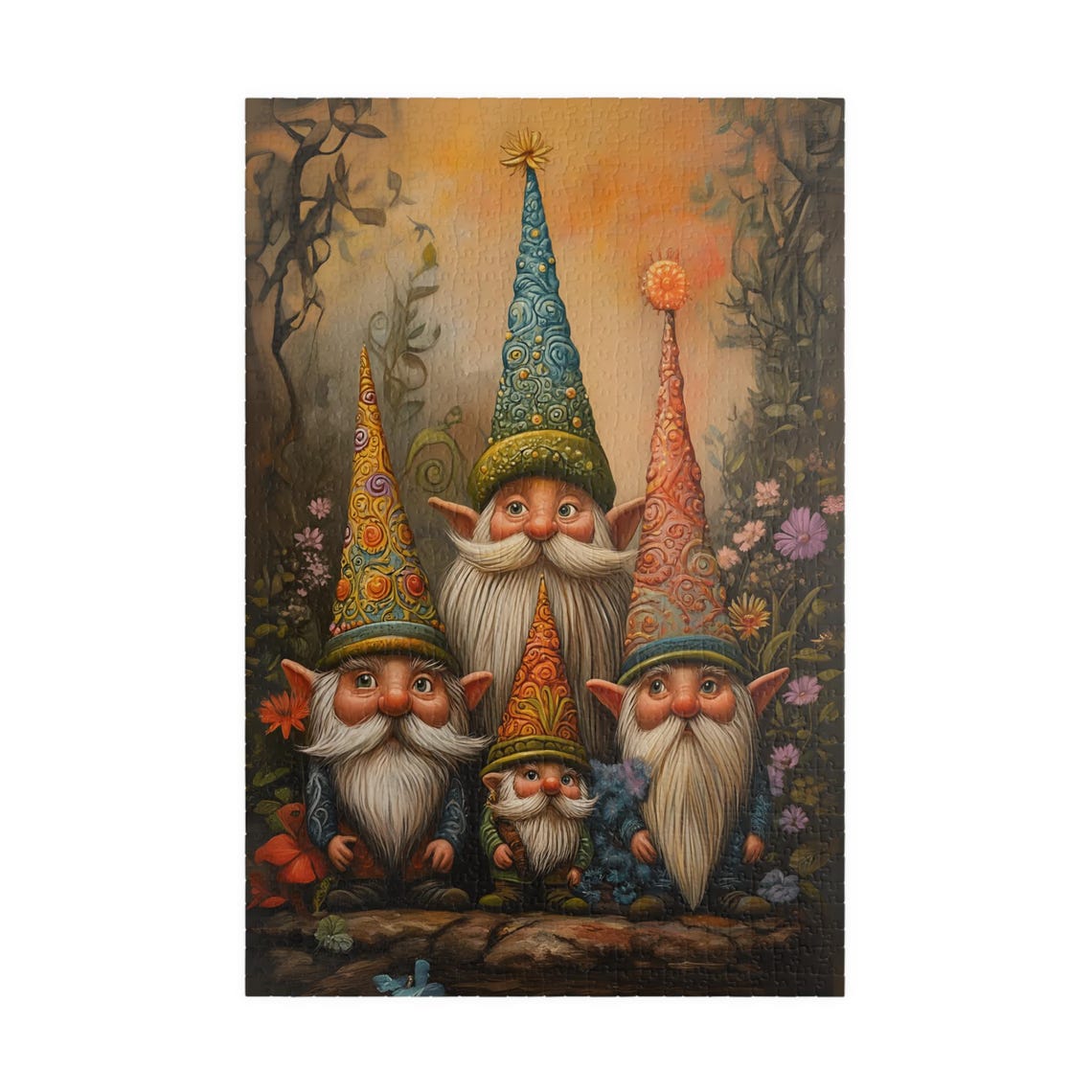 Four Gnomes Tall Patterned Hats Forest Flowers Whimsical Poster - Image 3