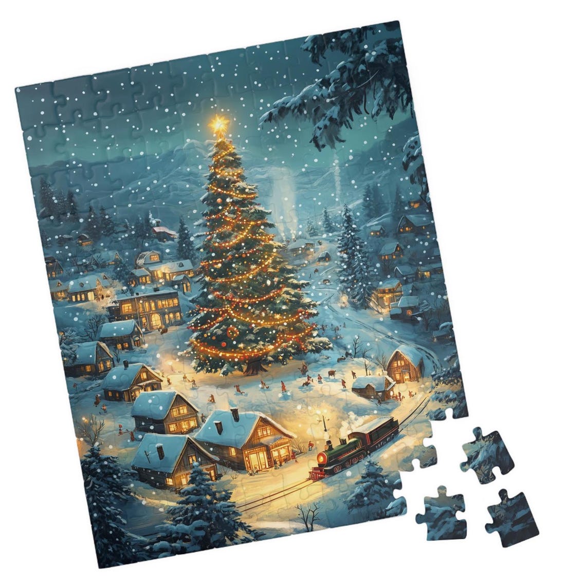 Snowy Mountain Village With Giant Lit Christmas Tree Art Poster