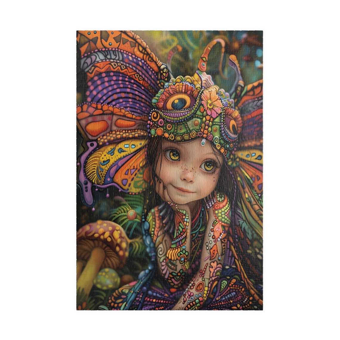 Festive Fairy Girl with Psychedelic Butterfly Wing Headdress Poster - Image 3