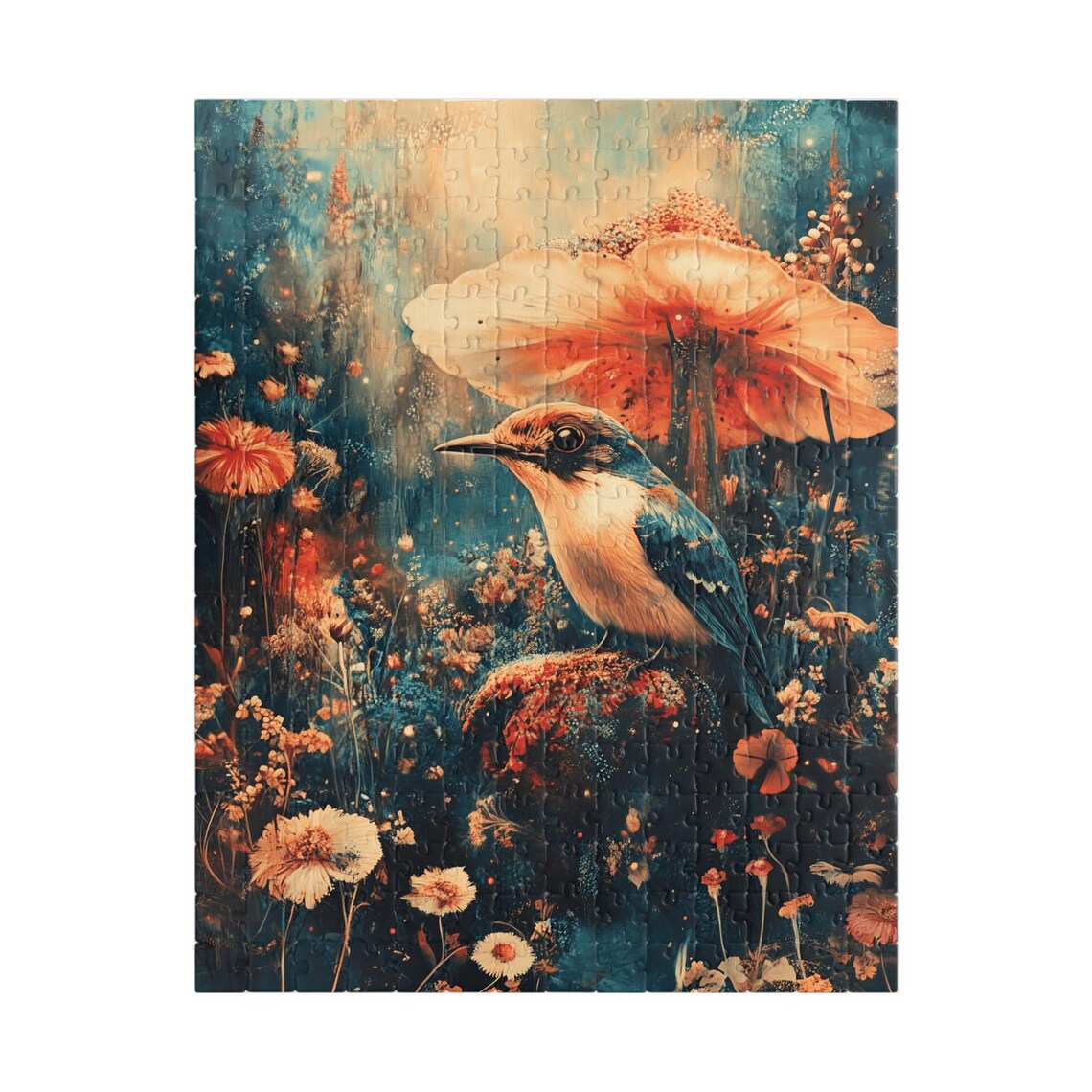 Small Songbird Among Giant Flowers Teal Painterly Art Poster - Image 5