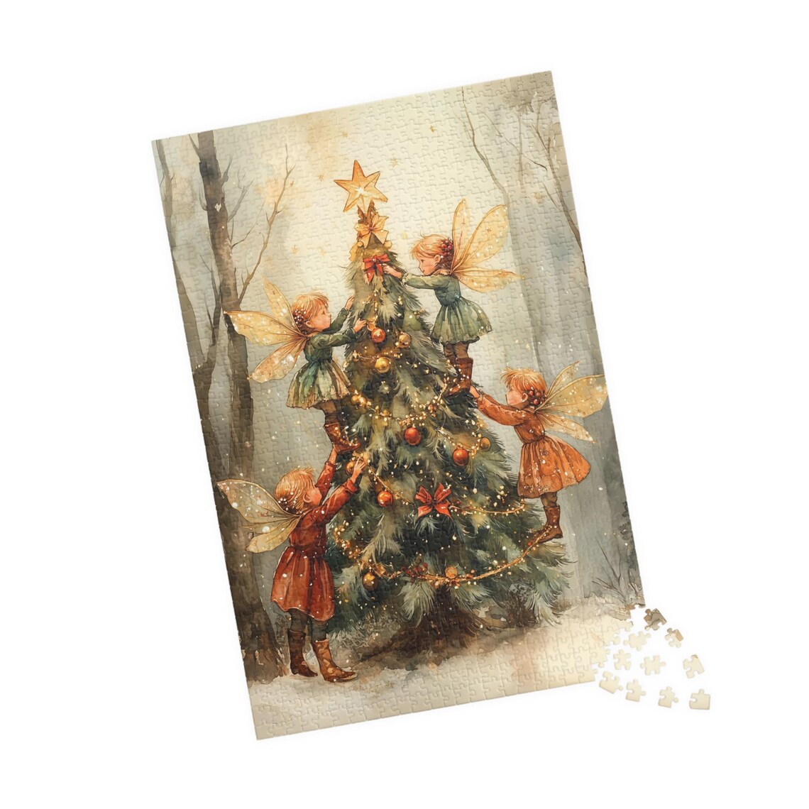 Fairies Decorating A Christmas Tree Watercolor Art Print - Image 4