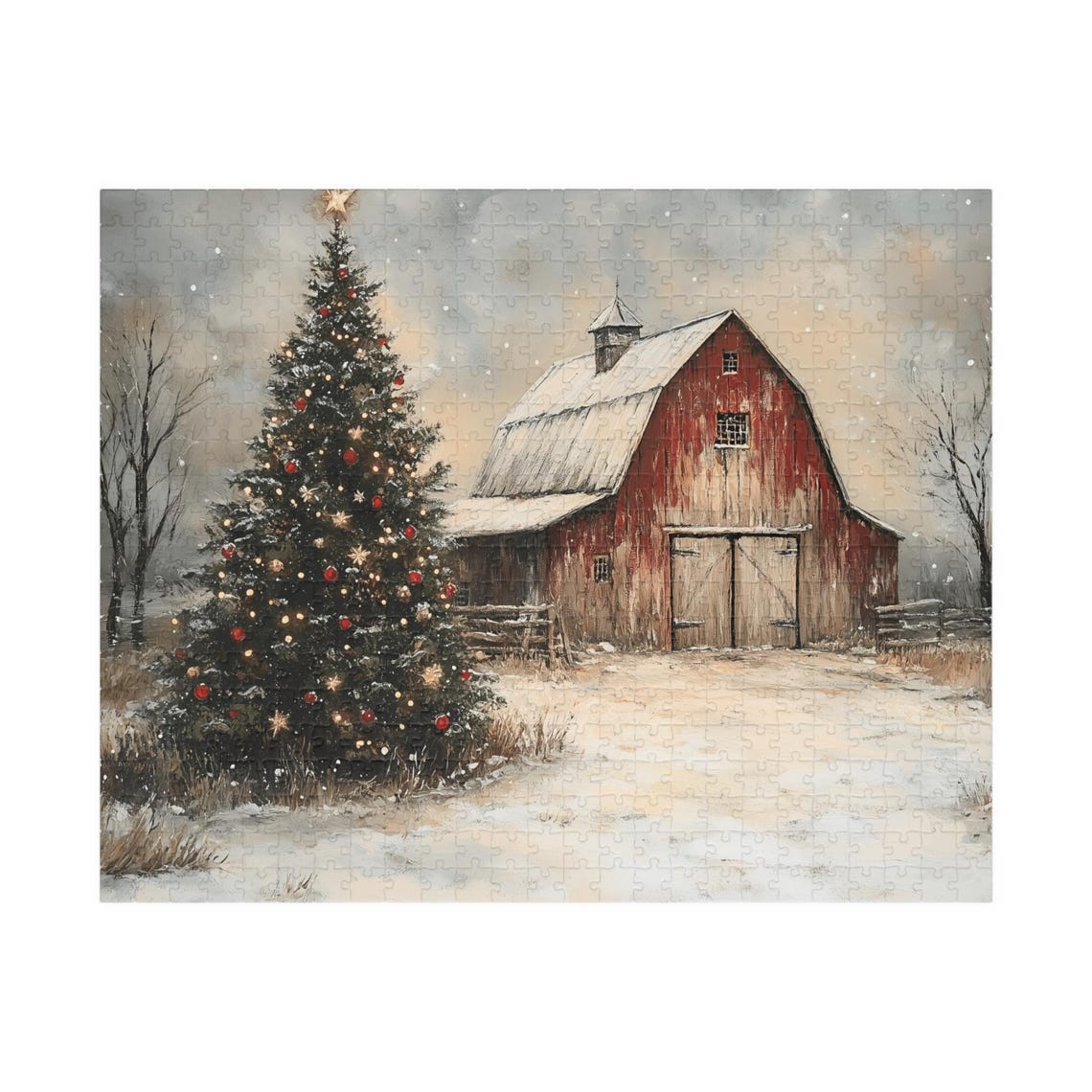 Red Barn With A Decorated Christmas Tree In A Snowy Field Art Print - Image 2