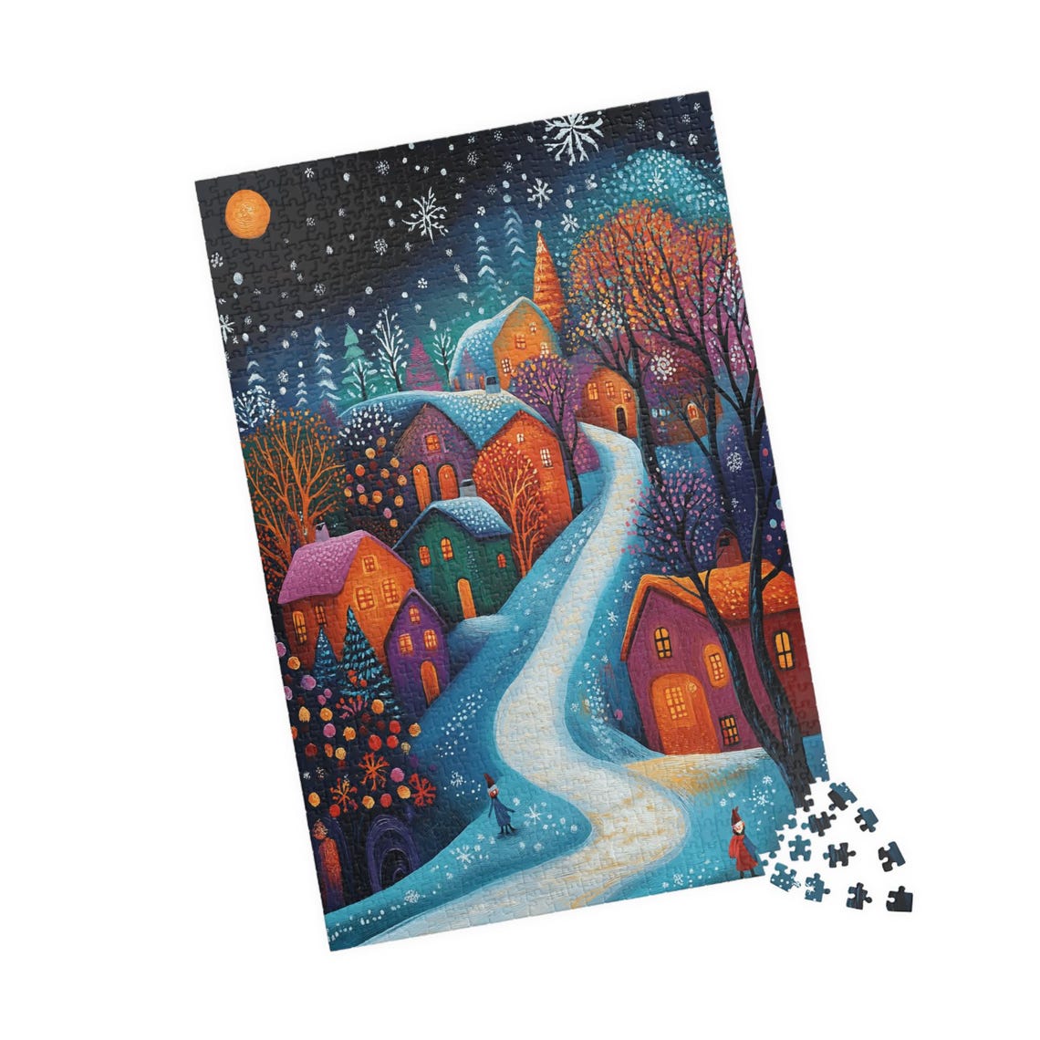 Colorful Snowy Village at Night with Glowing Windows Art Print - Image 4