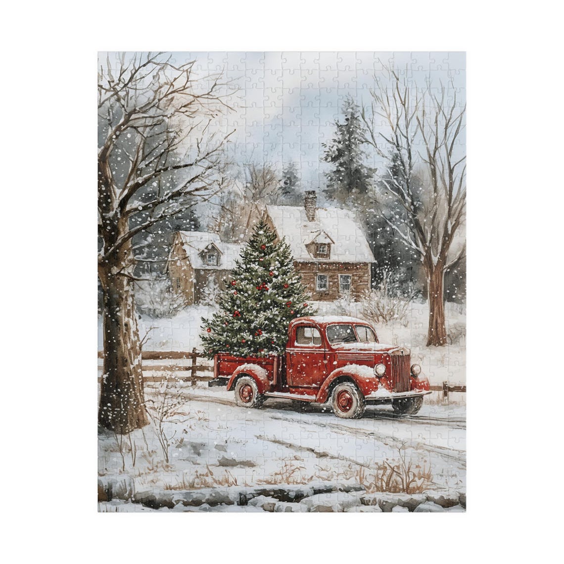 Red Vintage Truck Hauling Christmas Tree Through Snowy Woods Poster - Image 5