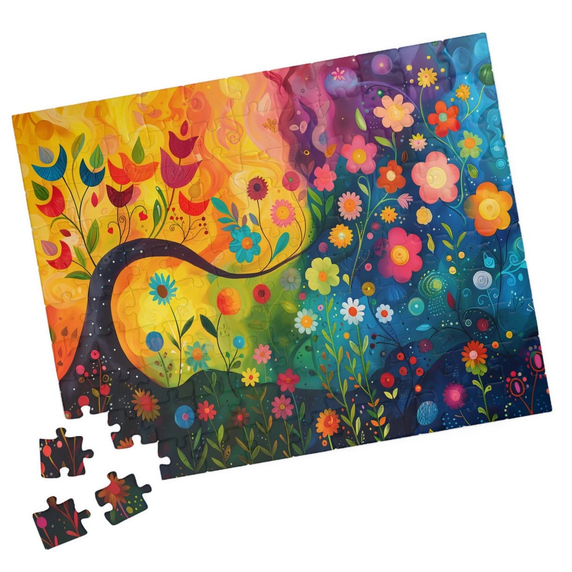 Rainbow Floral Garden Landscape Vibrant Gradient Flower Field Poster