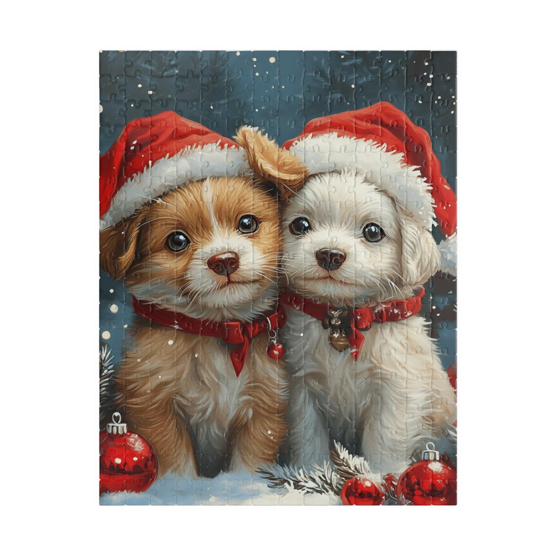 Two Puppies in Santa Hats and Red Scarves Christmas Night Dog Poster - Image 5