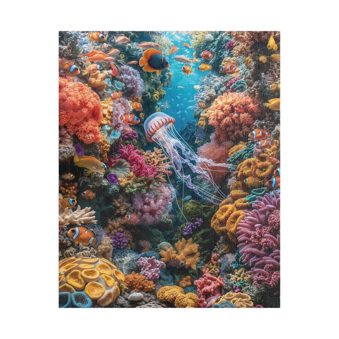 Vibrant Coral Reef with Jellyfish and Clownfish in Turquoise Sea Print - Image 5