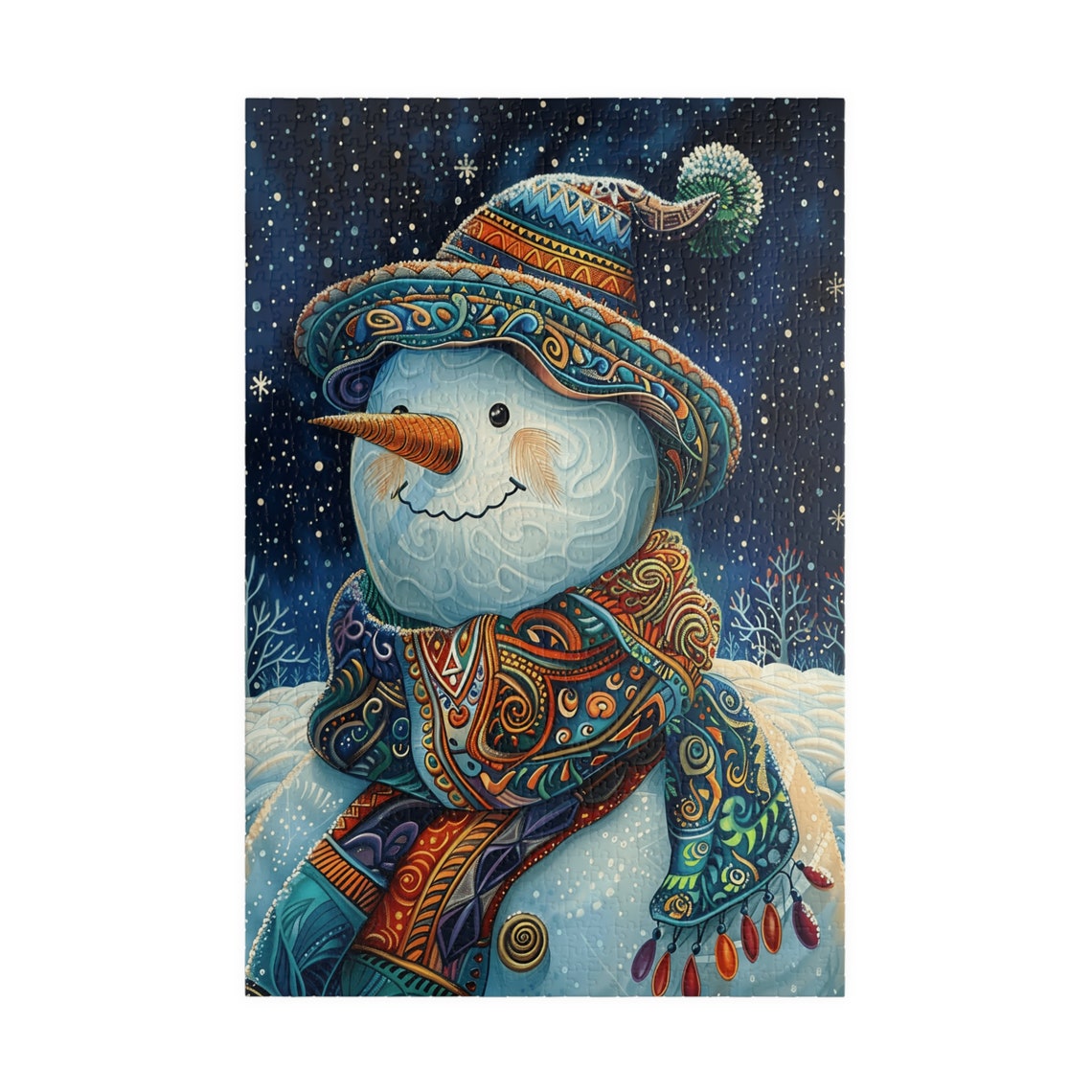 Colorful Snowman with Patterned Hat and Swirl Scarf Starry Poster - Image 3