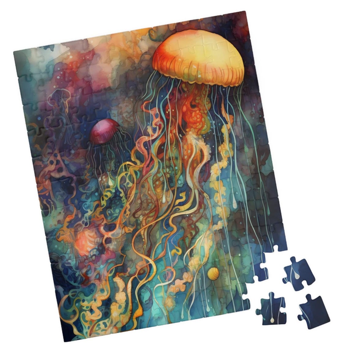 Golden Jellyfish Drifting Through Deep Blue Ocean Art Poster