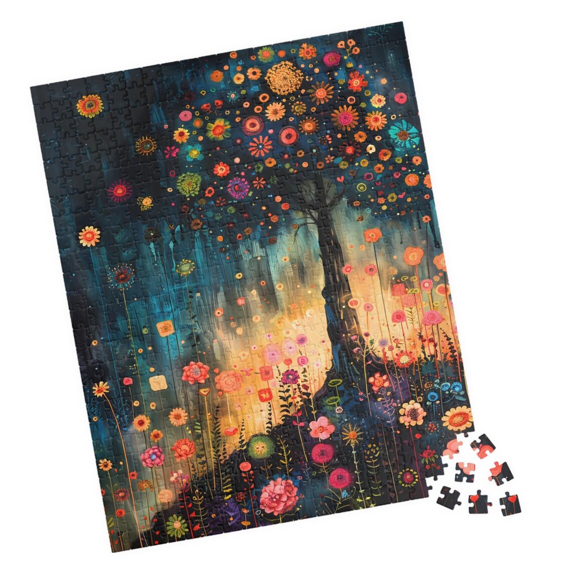 Folk Art Floral Tree Night Meadow Colorful Landscape Art Poster